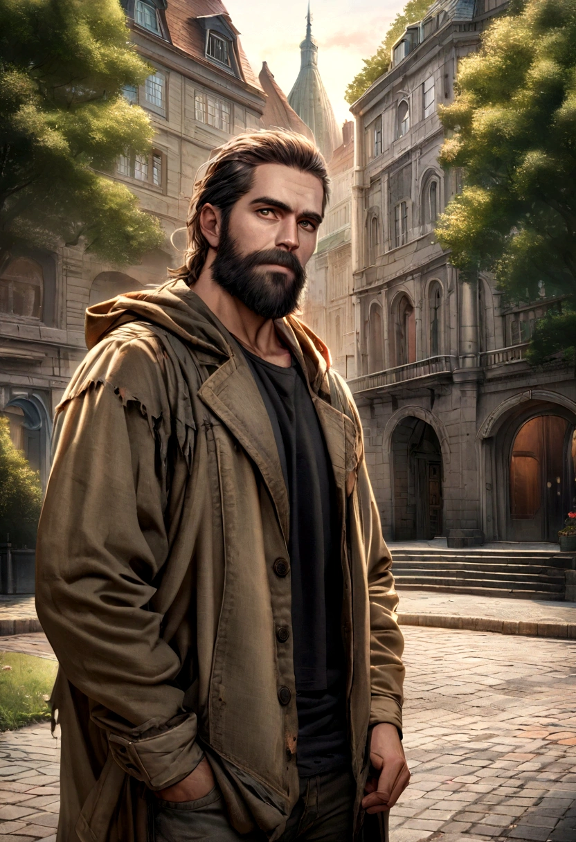 generate a very realistic 8k image of a handsome bearded homeless man at least 27 years old looking straight at the camera in a dirty and torn coat in a beautiful city park