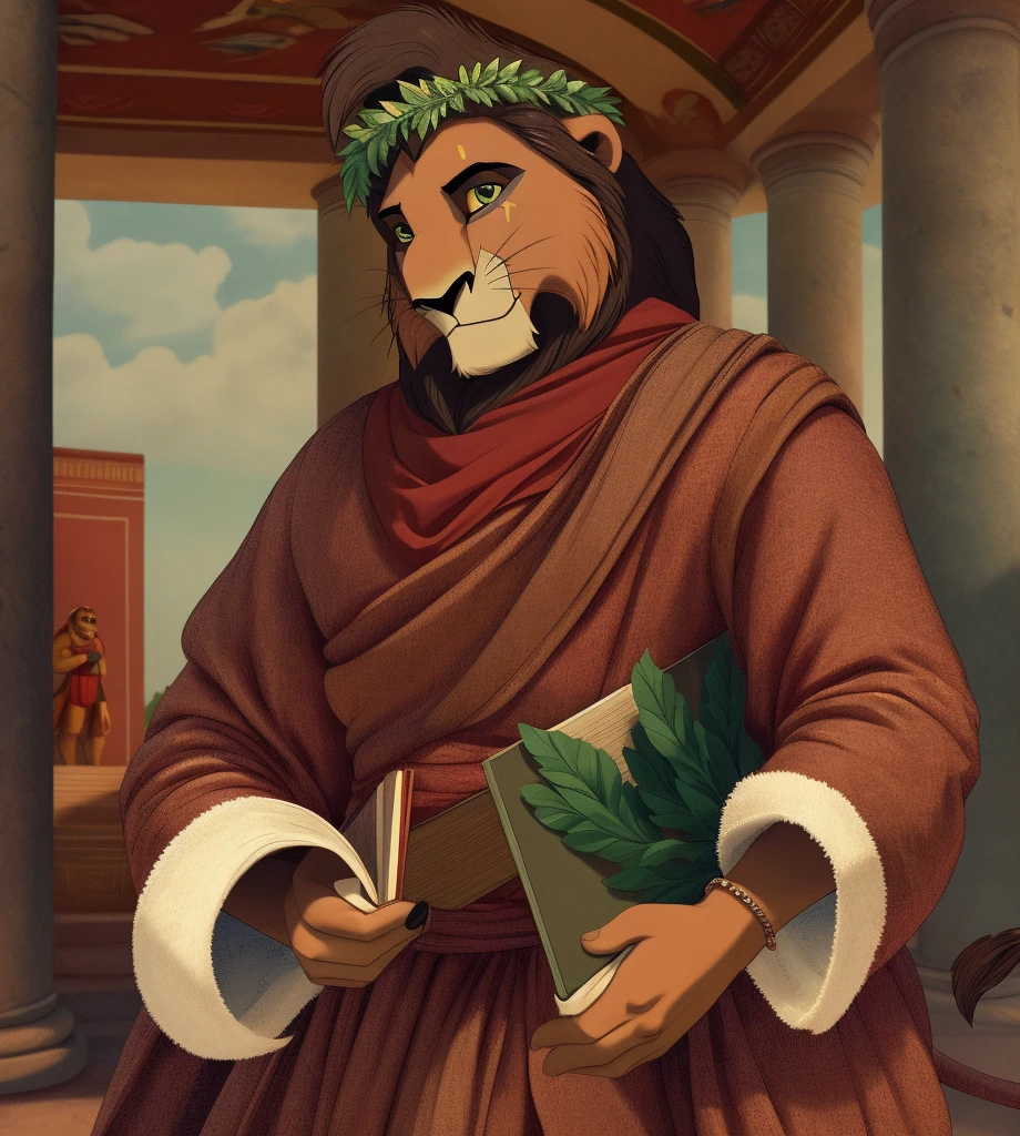 Metal_(the_lion_king),lion,male,youth,alone,4K,HD quality,Best, Virgil, Roman poet, Aeneid, holding a book, quality,standing,Look up at the audience,half body,looking at the audience,green wreath on head, Roman clothing, a tunic with two vertical blue stripes, draped roman white Toga,lion tail, clothed, white cloth,bared, red shirt,  biceps, correct,Delicate fur,poet,soft shadow,majestic,Detailed face,High quality eyes,Green eyes,black pupils,Sharp eyes,Grandiose,Valiantary,Smile confidently,Strong,mature,philosophical, ancient Rome background Blue sky and white clouds,The sun shines