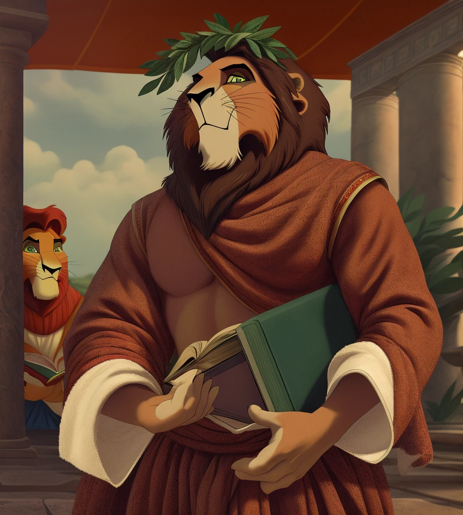 Metal_(the_lion_king),lion,male,youth,alone,4K,HD quality,Best, Virgil, Roman poet, Aeneid, holding a book, quality,standing,Look up at the audience,half body,looking at the audience,green wreath on head, Roman clothing, a tunic with two vertical blue stripes, draped roman white Toga,lion tail, clothed, white cloth,bared, red shirt, biceps, correct,Delicate fur,poet,soft shadow,majestic,Detailed face,High quality eyes,Green eyes,black pupils,Sharp eyes,Grandiose,Valiantary,Smile confidently,Strong,mature,philosophical, ancient Rome background Blue sky and white clouds,The sun shines