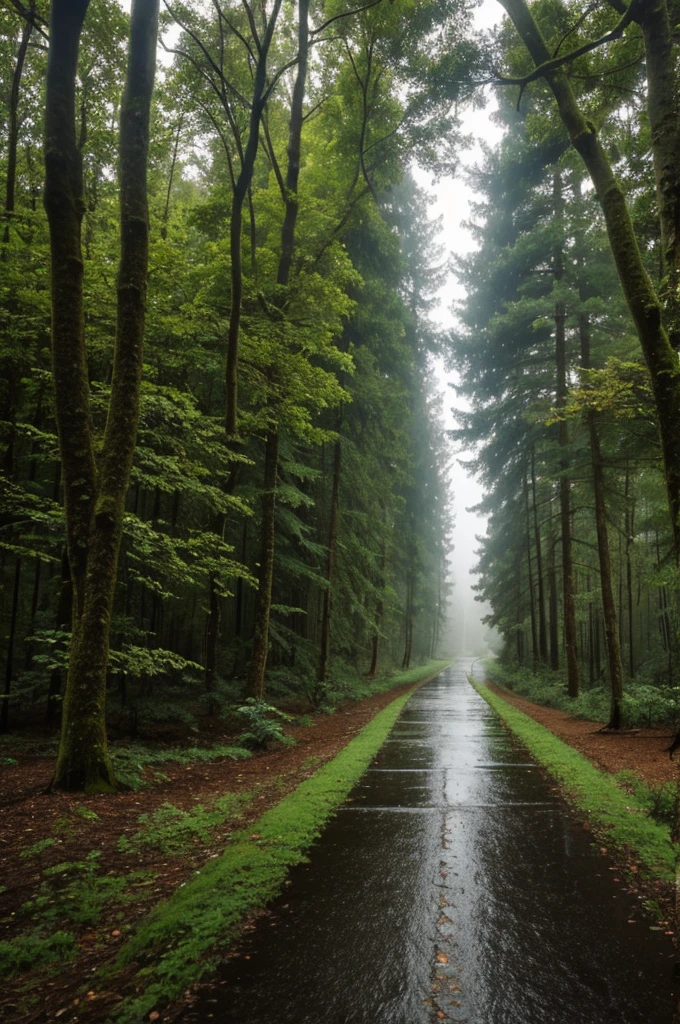 A rainy path through the forest
