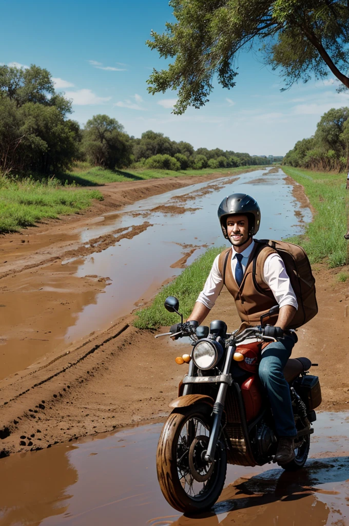 A Disney-style cartoon of a man with a tie and shoulder bag, traveling by motorcycle, with helmet, dirt road, muddy river in the background