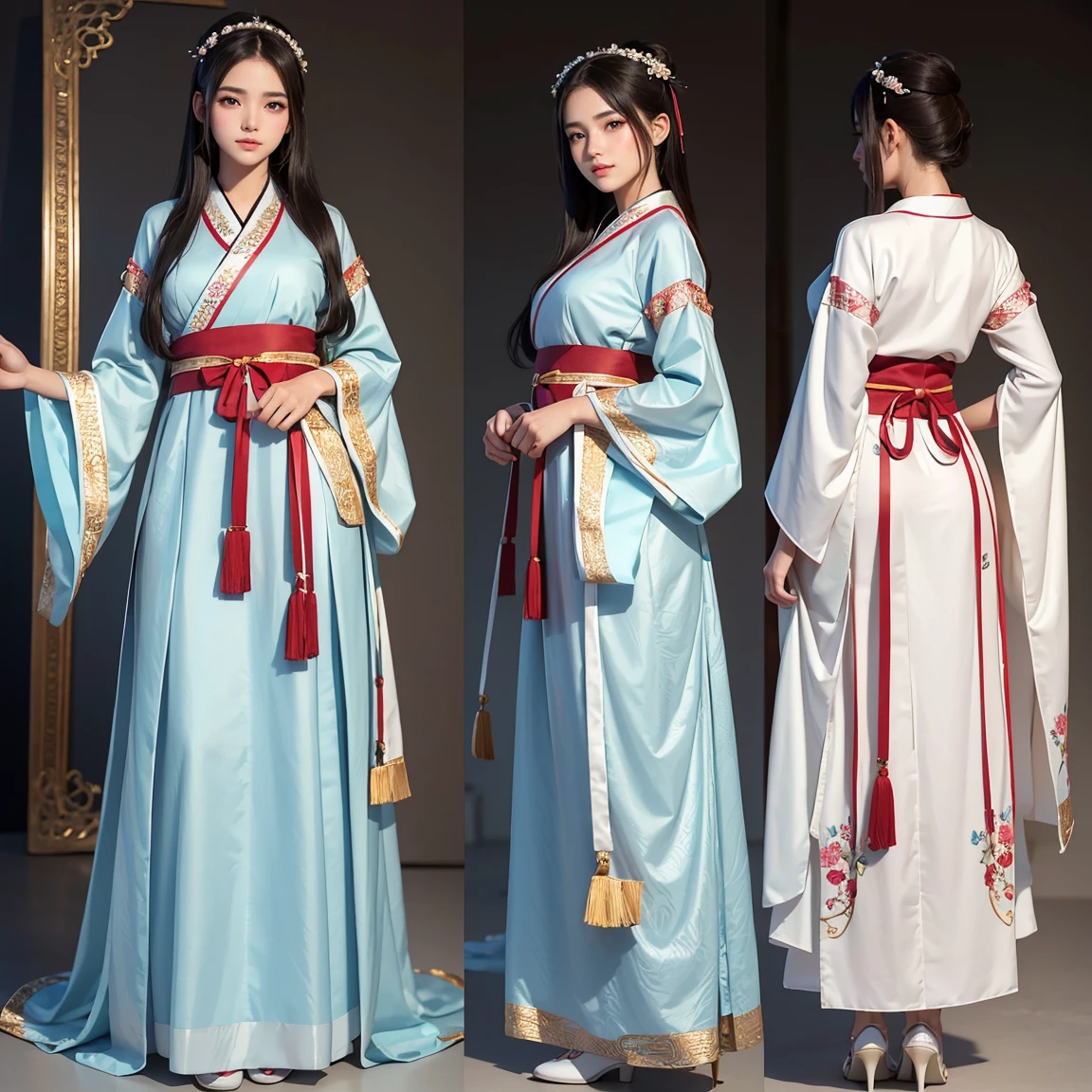 (masterpiece, best quality), ultra detailed, high resolution, 16k, the most beautiful face in the world, perfect face, delicate facial features, highly detailed beautiful face and eyes, shiny skin, highly detailed background, elaborately designed, fine cloth texture, BREAK, (gorgeous and stunning teenage girl in hanfu:1.3), perfect make-up, deeply in love, full of elegance, (full body:1.5), (three view drawing, front and back and side, character sheet:1.3)