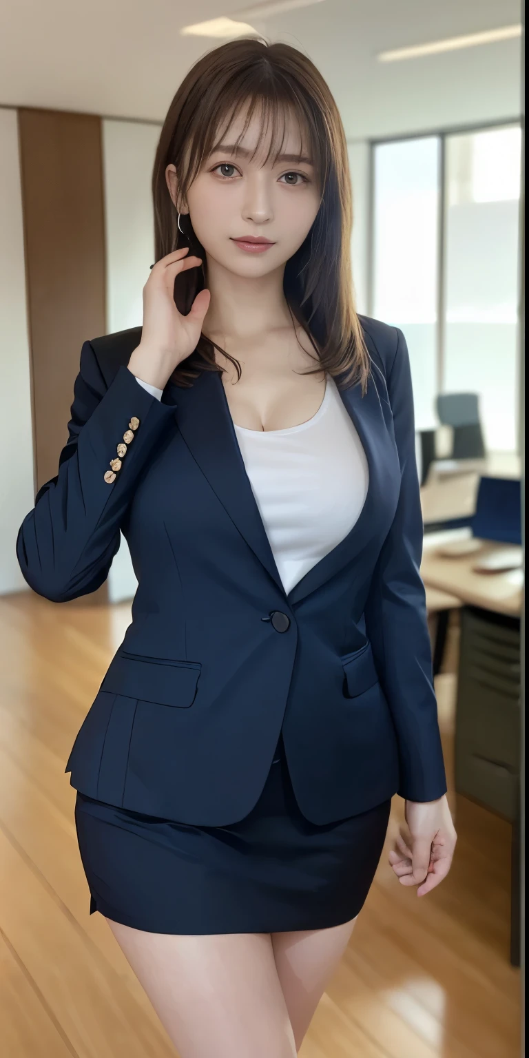 best masterpiece、Highest quality、shape、Very detailed、High resolution、8K wallpaper、Perfect dynamic shape、Beautiful and detailed、Natural color lip, Random Sexy pose,A very kind smile、-yeld gicute、expensive、(Highest quality:1.3)、(masterpiece:1.3)、(The Very detailed手の指:1.3)、(wallpaper, One Girl:1.1)、(Delicate hands and fingers:1.2)、(Detailed super oily shiny skin:1.1)、Beautiful and lustrous thighs、(Sexy navy blue office suit style:1.7)、(Large saggy and firm breasts:1.4)、slender body shape、Brown hair head、(Stable expression:1.5)、((Random hairstyles for medium length hair:1.3))、Beautiful sister、(Model standing pose in front:1.4)、Sexy pose、(((modern office building background:1.6)))、((Very firm big ass:1.1))、(Beautiful double eyelids:1.3)、Looking at the camera、Pelvic expanse、Perfect lighting、Depict the whole body
