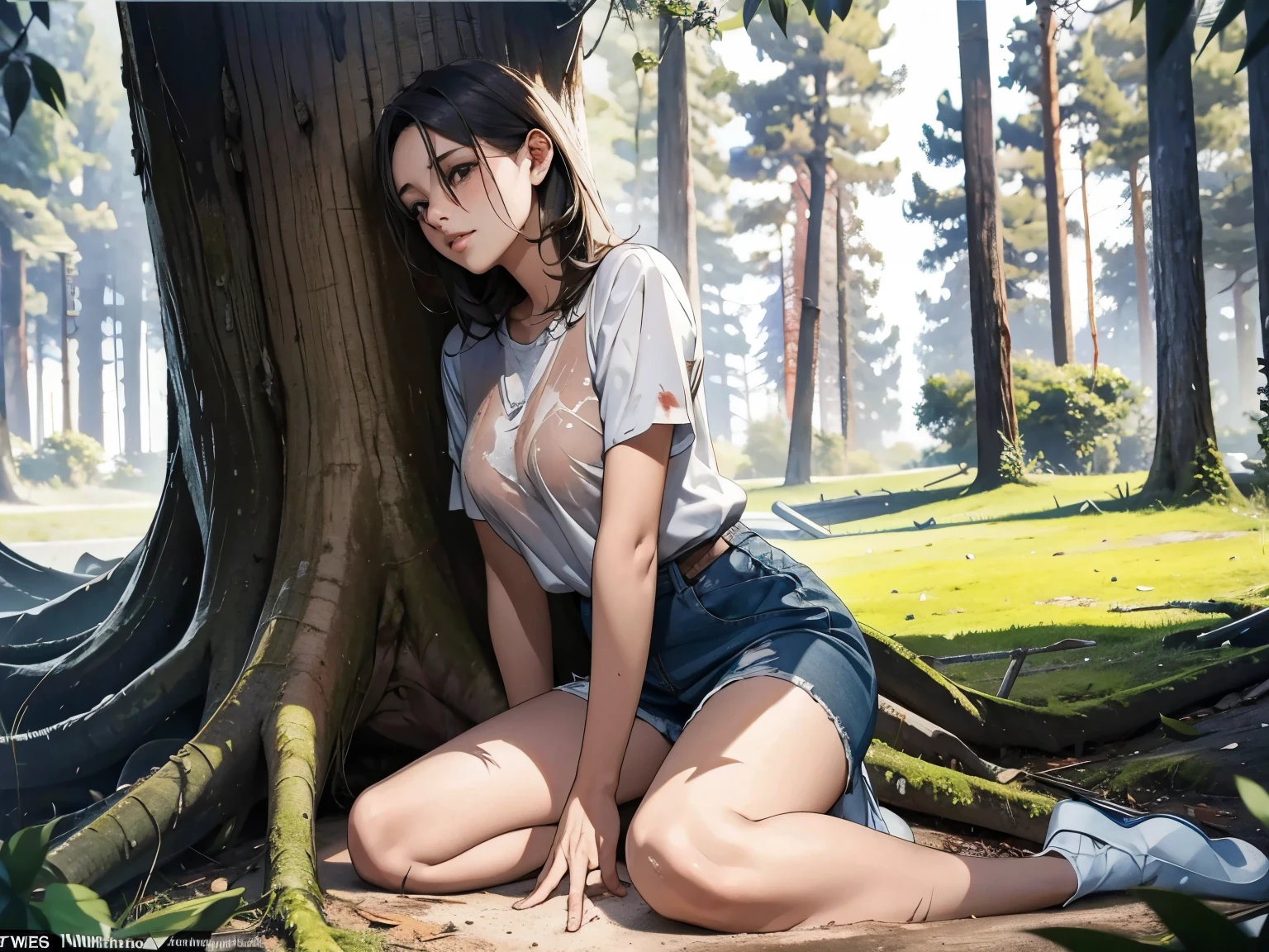 Many men looked at a young woman in torn prison clothes,She sat under a big tree and slept,In the forest,She has stains on her,She exposed most of her body,She had scratches and blood on her body