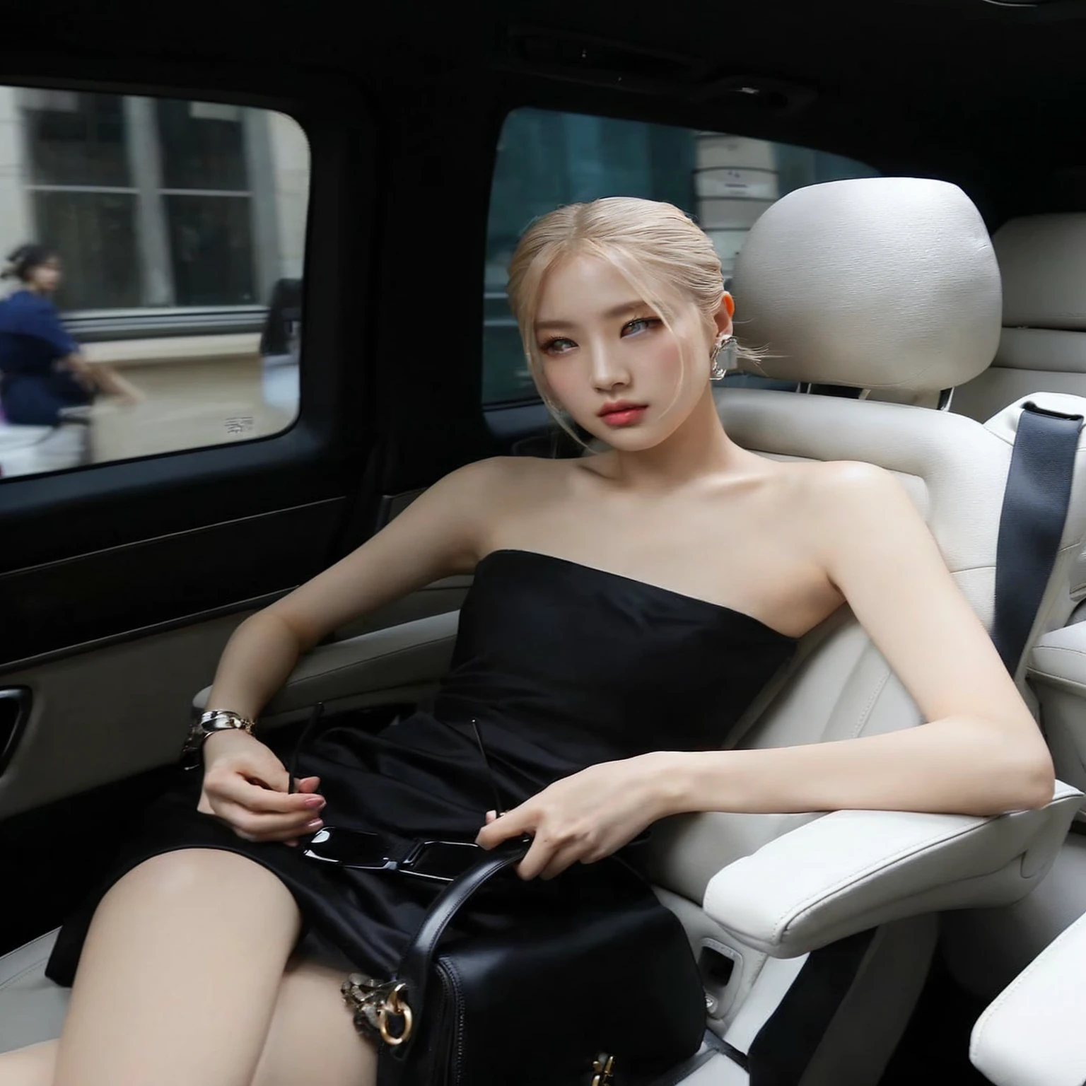 woman sitting in a car with a purse and a bag in her hand, roseanne park by blackpink, sitting in her car, jia, she is wearing a black tank top, heonhwa choe, korean female fashion model, sheath dress, jossi de blackpink, jinyoung shin, Beautiful young Korean woman, bae suzy, Lalisa Manoban of Blackpink