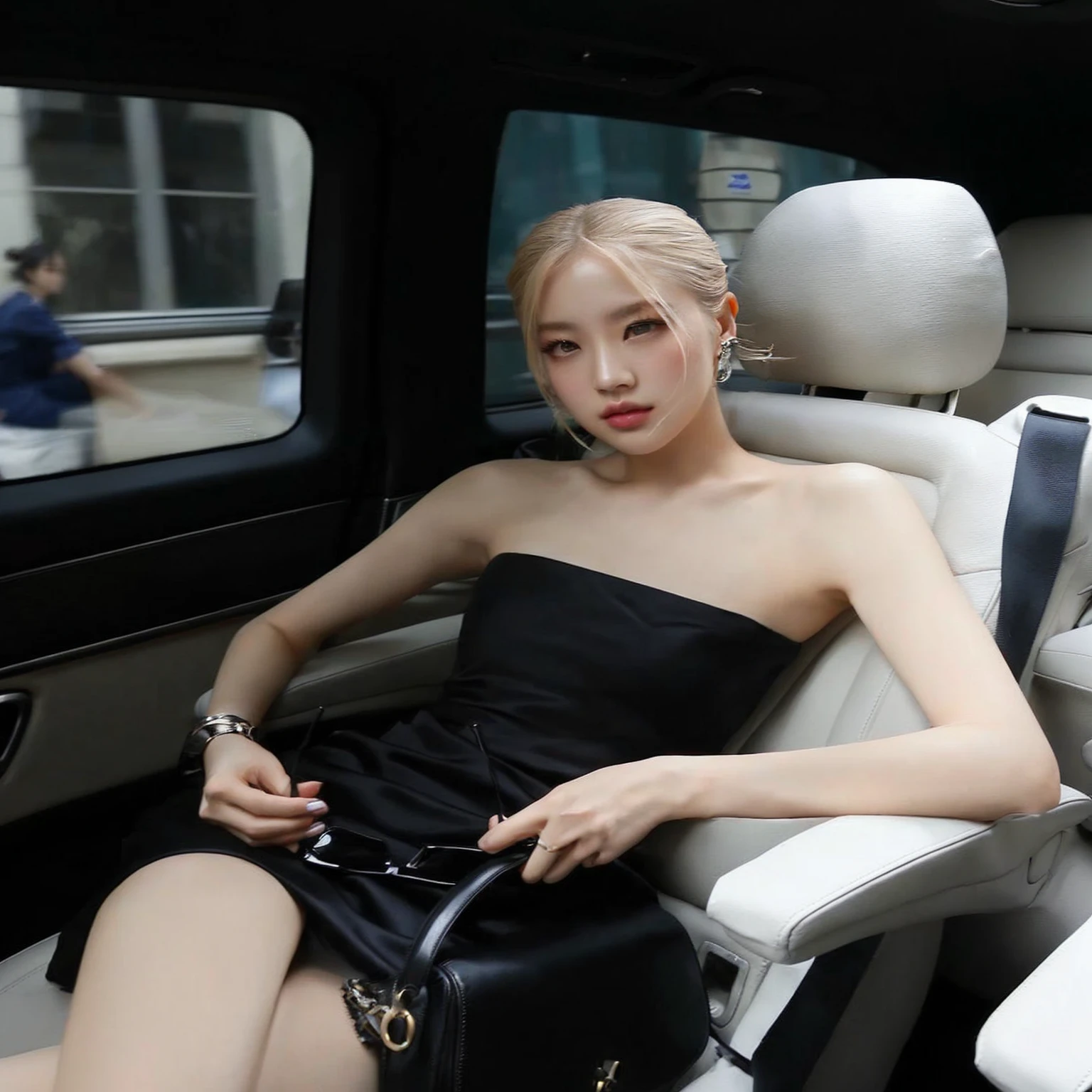woman sitting in a car with a purse and a bag in her hand, roseanne park by blackpink, sitting in her car, jia, she is wearing a black tank top, heonhwa choe, korean female fashion model, sheath dress, jossi de blackpink, jinyoung shin, Beautiful young Korean woman, bae suzy, Lalisa Manoban of Blackpink