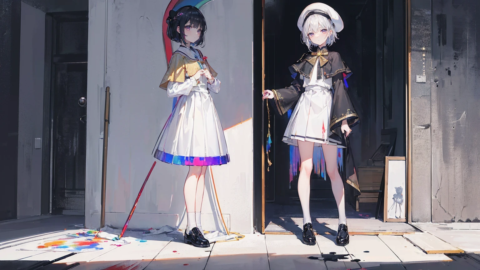 (Super detailed)),((illustration)),((masterpiece)),(((need))),((fine、Highest quality CG Unity 8K wallpapers,masterpiece),((4K,masterpiece,best quality)),rainbow发的大概16岁的少女,flat chest,short hair,Gold and silver eyes,Golden Apprentice Uniform,Black short cape,Berets,Black shoes,Paint flowing under your feet,White Silk,Take the color palette,White short skirt covered with paint,Monocle,The walls are covered with portraits,身边有rainbow,phantom,Exhaustion,Overworked,Look in the mirror,The mirror reflects me in different clothes,Standing in a white room,Paint condensed in the air,rainbow,individual,Full body picture
