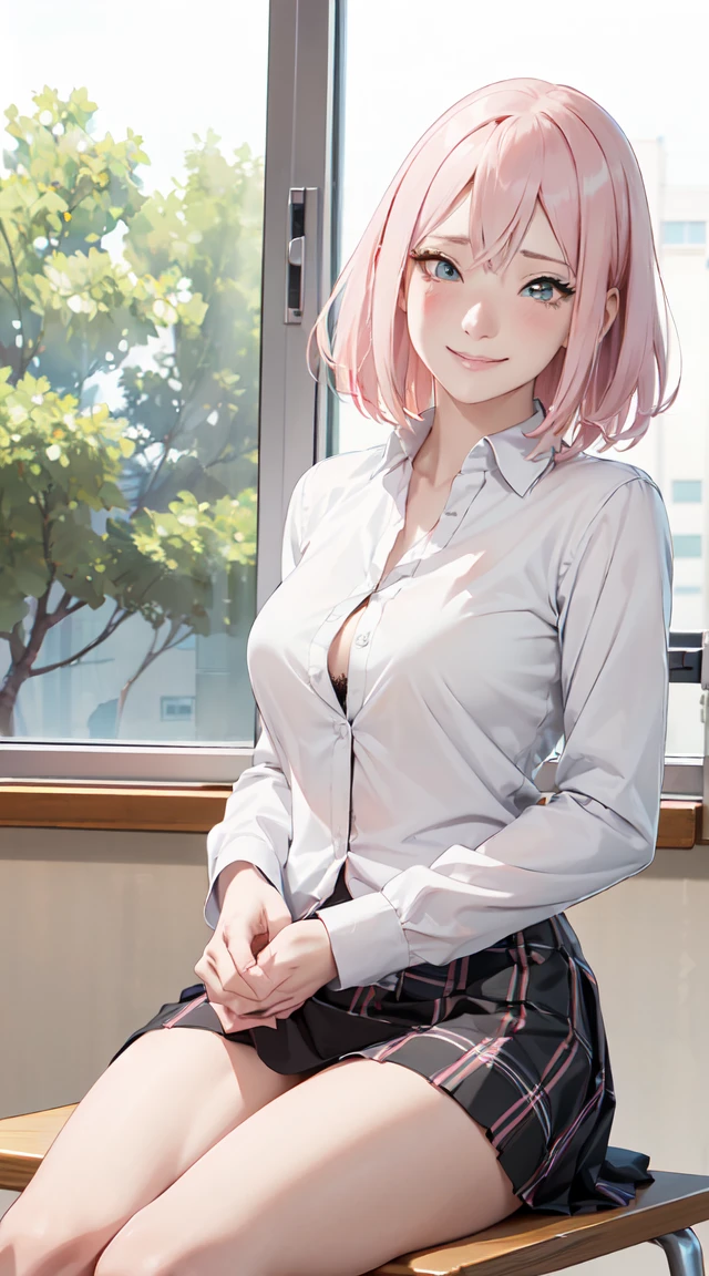 ((table top, highest quality, High resolution, perfect pixel, 4k ))), 1 girl, single, alone, beautiful woman、I could see the whole body、 ((short wavy hair, bangs, whitehair)), ((red eyes, beautiful eyelashes, realistic eyes)), ((detailed face, blush:1.2)), ((smooth texture:0.75, realistic texture:0.65, realistic:1.1, Anime CG style)), medium breasts, dynamic angle, perfect body, ((school uniform, white shirt, black skirt, unbuttoned shirt、plaid skirt、white socks)), classroom without people、sit at desk、..、evening、、、Very embarrassing panic smile、(lift the skirt with your right hand、open your legs、open your knees wide、pussy show, pussy line, pussy)、(pink lace bra)、angle from below, masturbation