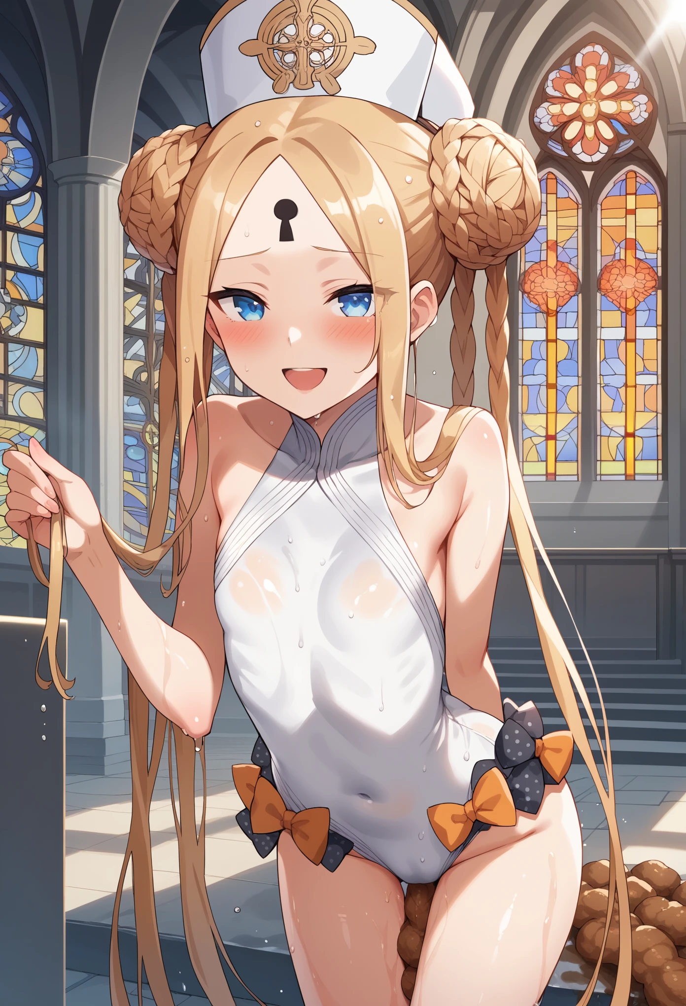anime, (high quality, detailed, beautiful), shiny, detailed beautiful eyes, outstanding, countershading, detailed soft lighting, an exquisite animation illustration, score_9, score_8_up, score_7_up, source_anime, anime screencap, anime coloring, sidelighting, shiny luminous, 1girl, blonde hair, long hair, blue eyes, forehead, double bun, braided bun, twintails, sidelocks, keyhole, forehead mark, one-piece swimsuit, dress swimsuit, polka dot bow, orange bow, white headgear, Mitre, standing, smile, open mouth, indoors, church, sunlight, shiny skin, wet skin, very sweaty, very wet skin, steaming body, awkward smiles, blush, bent over, ass, from behind, looking at viewer, cowboy shot, expressiveh, attractive poses, poop, pooping,