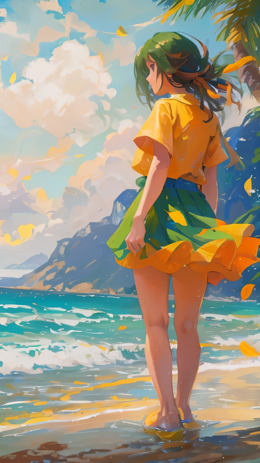 fantacy, green, blue, and orange color base, high fantacy settings, beach and ocean, girl wearing skirt and shirt, (painting).