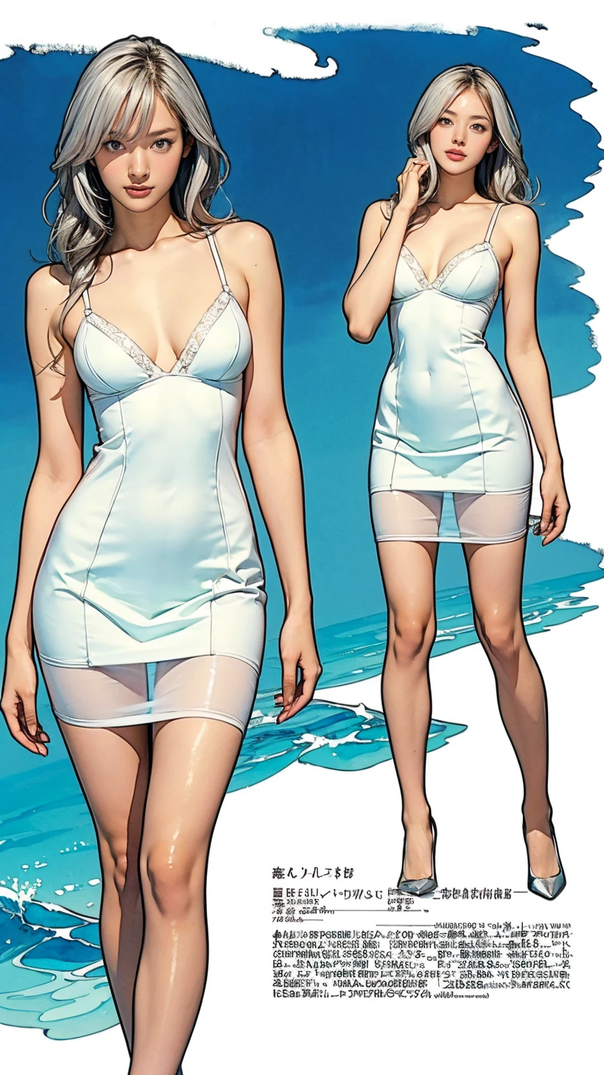 ((masterpiece)),(((Highest quality))),((Character design sheet)),Thin thighs,Long legs,((woman, alone, Long Hair)),Innocent look, Bare arms, Expose your shoulders, Bear neck, watercolor, water, Wave, water dress,  Ocean, See-through dress, Silver Hair，Wearing a white bra