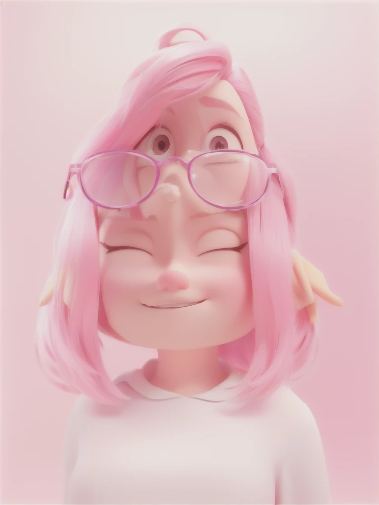 Corpo inteiro, cartoon girl with pink hair and glasses, cute girl with short pink hair, render of a cute 3d anime girl, cute 3 d render, amy sol in the style of, pink iconic character, cute pixar character, cute character, pouty look :: octane render, kawaii realistic portrait, adorable digital painting, close up character, cute cartoon character
