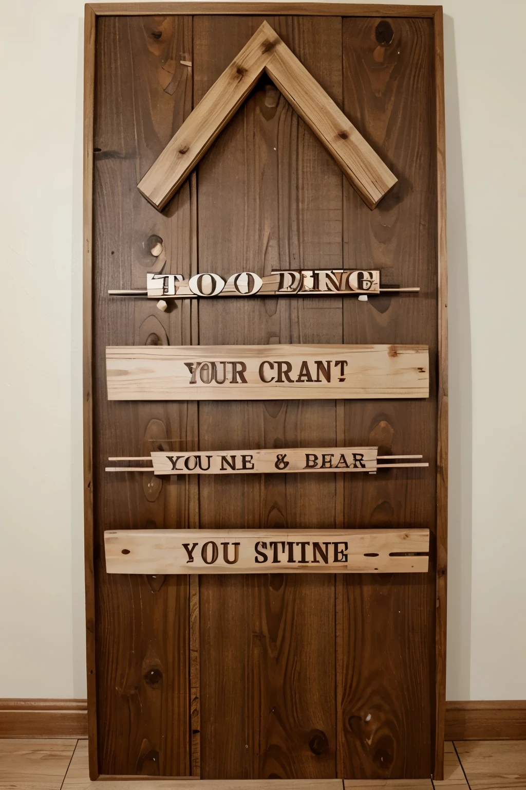 Create a front-facing wooden sign that has no letters and is held in place by two nails.