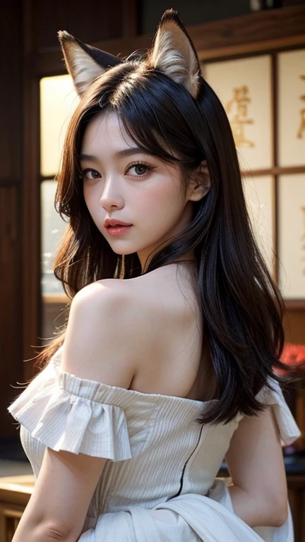 ((Highest quality, 32k)), ((masterpiece)), (Familiar), Perfect Face, Fox Woman, Beautiful woman, public, 尻tailがある, 彼女はふわふわの尻tailを持っています, She keeps a fox'tail., 彼女は尻tailを振る, smile, Bell Color, She wears a skirt, Beautiful Hips, Big Breasts, 大きな尻tail, 彼女のスカートの下から尻tailが突き出ている, Spinning on all fours