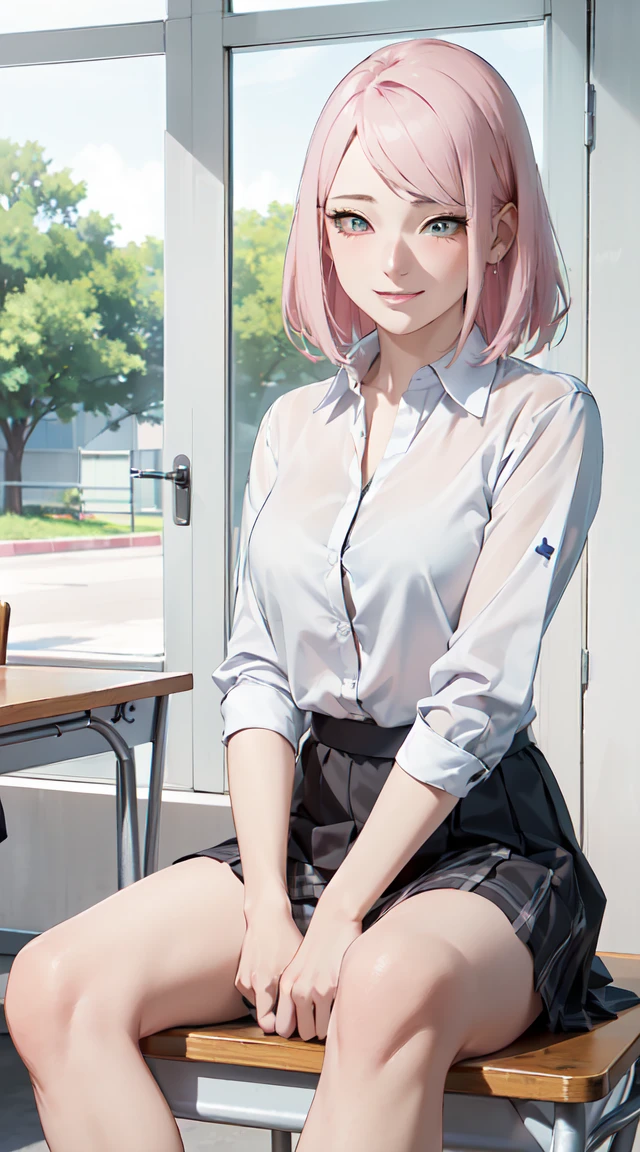 ((table top, highest quality, High resolution, perfect pixel, 4k ))), 1 girl, single, alone, beautiful woman、I could see the whole body、 ((short wavy hair, bangs, whitehair)), ((red eyes, beautiful eyelashes, realistic eyes)), ((detailed face, blush:1.2)), ((smooth texture:0.75, realistic texture:0.65, realistic:1.1, Anime CG style)), medium breasts, dynamic angle, perfect body, ((school uniform, white shirt, black skirt, unbuttoned shirt、plaid skirt、white socks)), classroom without people、sit at desk、..、evening、、、Very embarrassing panic smile、(lift the skirt with your right hand、open your legs、open your knees wide、pussy show, pussy line, pussy)、(pink lace bra)、angle from below, masturbation