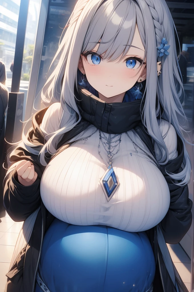 a beautiful woman with long white hair, soft smile, piercing blue eyes, 8k, best quality, extremely detailed, gigantic breasts, pregnant