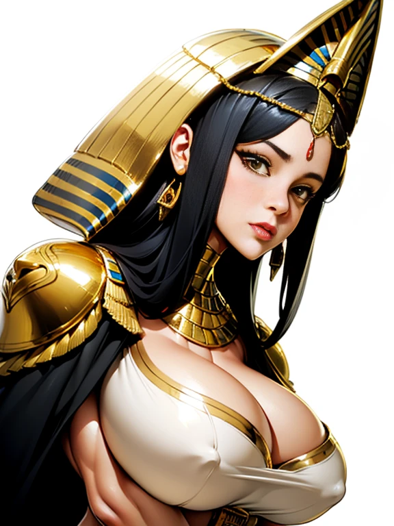 ((side profile)), ((body view:1.2)), ((masterpiece)),(((best quality))), ((egyptian empress, mature face)), ((middle eastern eyes:1.4)), (((black hair)), defined cheekbones, high cheekbones, illustration, ((muscular:1.3)), ((gold:1.4)), sexy bimbo, (gigantic breasts:1.7) ((long Egyptian headpiece)), black hair, slender figure, ((detailed face:1.4)) beautiful woman, (egyptian:1.4), ((skindentation)), scribbles and marks,(puffy lips:1.4) , rough sketches, pose, 8k,16k, ( background, white background: 1.3)