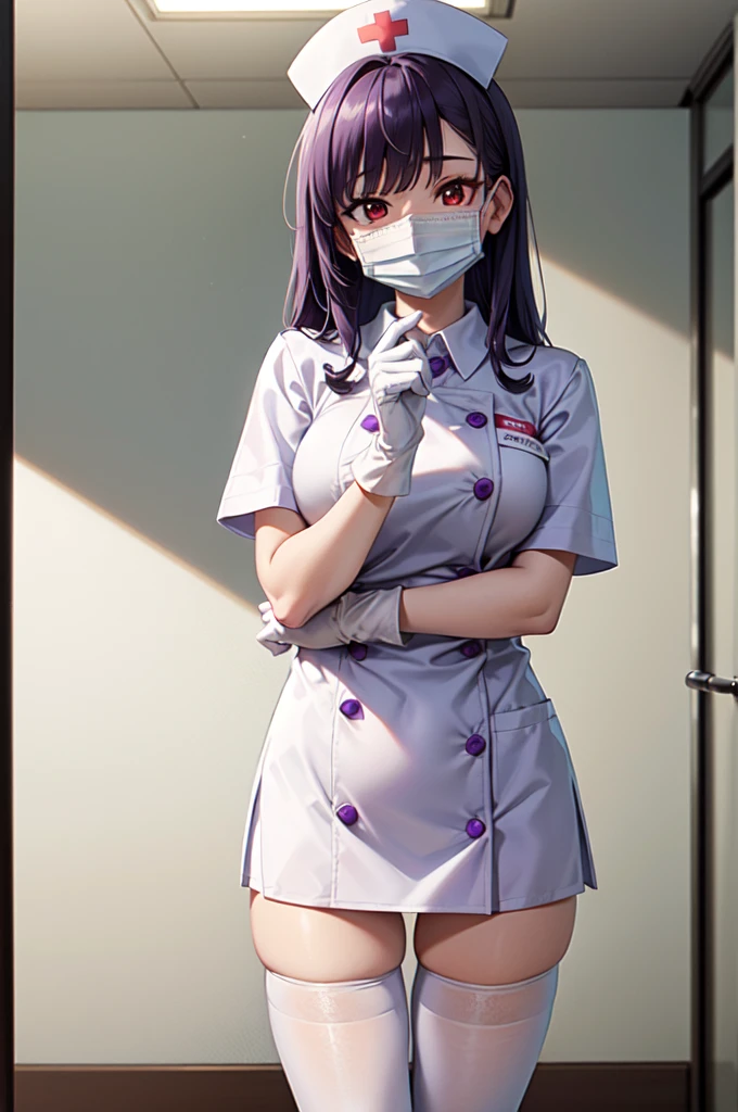 1woman, solo, nurse, white nurse cap, white nurse uniform, ((white legwear, zettai ryouiki)), white gloves, long hair, purple hair, red eyes, ((white surgical mask, covered nose)), standing, ((hospital room)), sharp outline, short sleeves, mature female, 35 years old, best quality, masterpiece