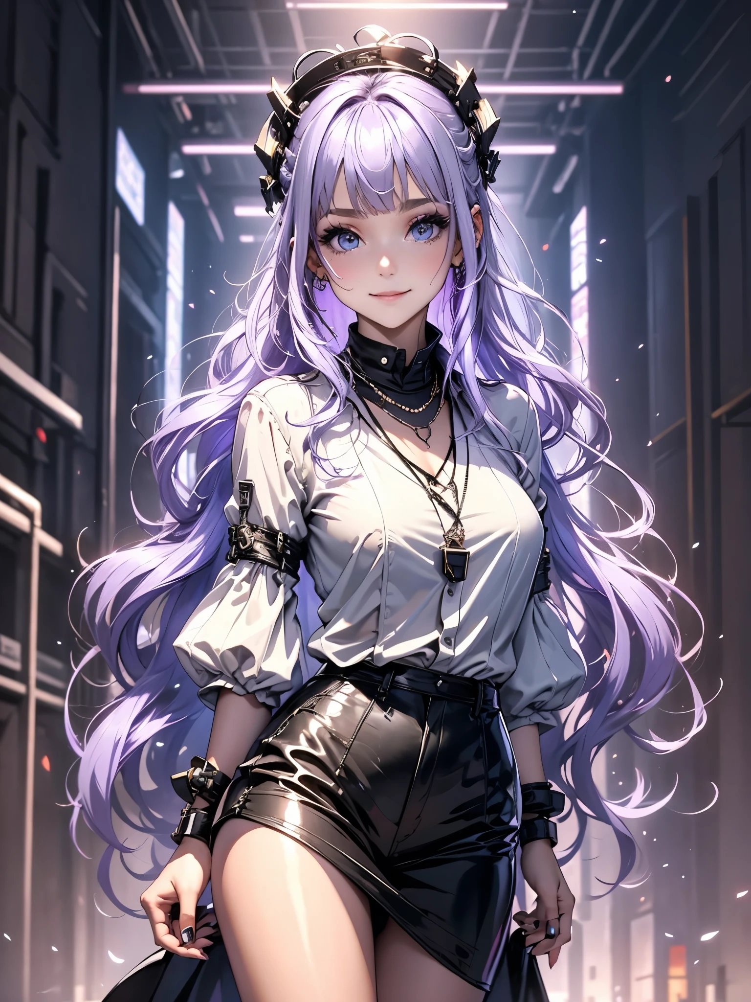 work of art,1 girl,standing alone, drlight smile, Metallic Necklace, white shirt, modern , Accessories, two-tone hair color in purple and black, unique hairstyle, fashionable, black backdrop