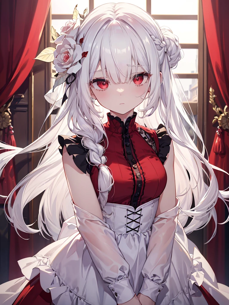 (limited palette), Best quality, (((Masterpiece))), (((Beautiful detailed hair))), (((beautiful detailed skin))), Solo, , Younger, , (((White hair))), Red eyes, (mascara), Blunt bangs, ((Hair over eyes)), Long hair, Medium breasts, Frilled white dress, White frills, Too much decoration, Rose, Noble, setia, The bride hair, (((Eye focus))), (((Expressionless))), The background is blurred out, Empty eyes, Blank eyes, (Red theme), bedroom background, view the viewer, (((hair tucking))), (((Night))), Semi-closed Eyes, Close-up, (((hair adornments))), Upright body, Neatly cut bangs, Braided hair at the back of your head, Sleeveless dress,