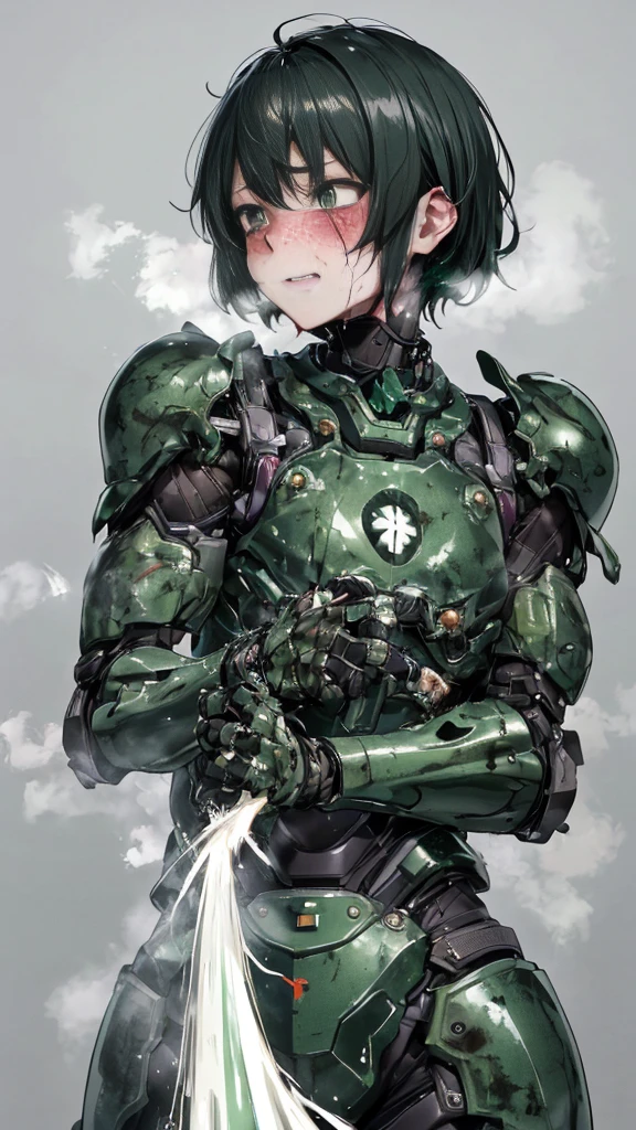 Rough skin, Very detailed, Advanced Details, high quality, 最high quality, High resolution, 1080P 、Bleeding from the wound、Sexy Eyes、Wearing green and black、cute((My whole body is sweating))(Equipped with a battle suit damaged by wounds....)(Dark green armor)(Broken Armor)Black Hair、Chiquita、short hair、Open your mouth、Painful expression、It hurts again、Healthy Skin、20-year-old women　defeat　(Steam coming out of the face) ((Steam coming out of the body)) 　Unable to fight　Severe seizures　Headgear broken　Ordinary face　freckles　bare hands　Peeling armor