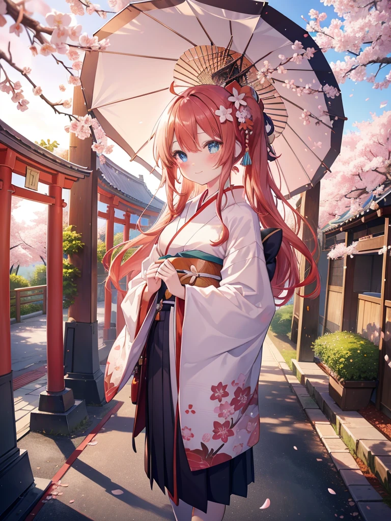 itsukinakano, Itsuki Nakano, bangs, blue eyes, hair between eyes, Ahoge,hair tied back,,long hair, redhead, star \(symbol\), hair ornaments, star hair ornaments,smile,blush,Red flower stem kimono,white foot bag,Zori cherry blossoms are blooming,Cherry blossoms are scattered,Cherry blossom tree-lined path,walking,
break outdoors, shrine,torii,
break (masterpiece:1.2), highest quality, High resolution, unity 8k wallpaper, (figure:0.8), (detailed and beautiful eyes:1.6), highly detailed face, perfect lighting, Very detailed CG, (perfect hands, perfect anatomy),