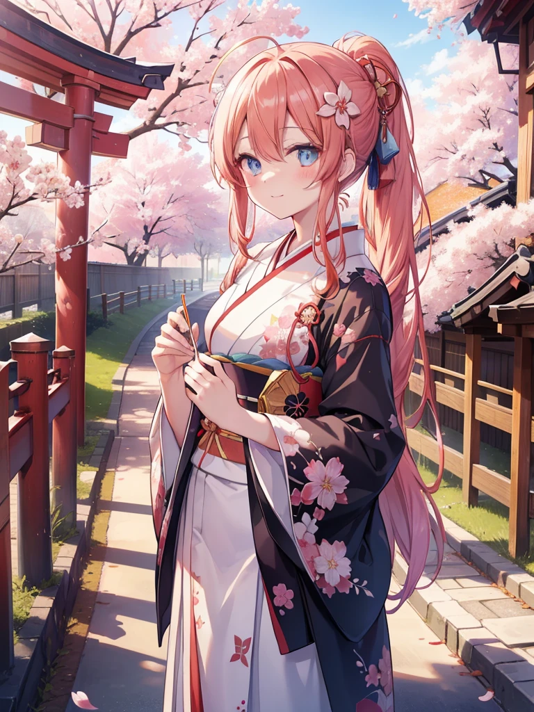 itsukinakano, Itsuki Nakano, bangs, blue eyes, hair between eyes, Ahoge,hair tied back,,long hair, redhead, star \(symbol\), hair ornaments, star hair ornaments,smile,blush,Red flower stem kimono,white foot bag,Zori cherry blossoms are blooming,Cherry blossoms are scattered,Cherry blossom tree-lined path,walking,
break outdoors, shrine,torii,
break (masterpiece:1.2), highest quality, High resolution, unity 8k wallpaper, (figure:0.8), (detailed and beautiful eyes:1.6), highly detailed face, perfect lighting, Very detailed CG, (perfect hands, perfect anatomy),