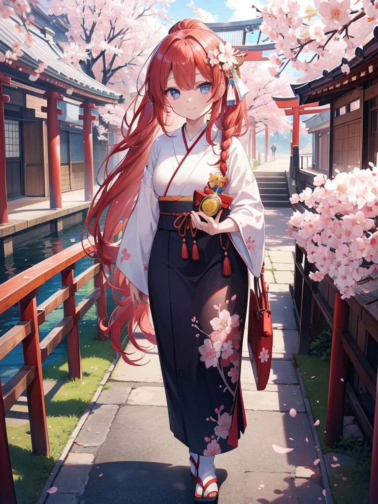 itsukinakano, Itsuki Nakano, bangs, blue eyes, hair between eyes, Ahoge,hair tied back,,long hair, redhead, star \(symbol\), hair ornaments, star hair ornaments,smile,blush,Red flower stem kimono,white foot bag,Zori cherry blossoms are blooming,Cherry blossoms are scattered,Cherry blossom tree-lined path,walking,
break outdoors, shrine,torii,
break (masterpiece:1.2), highest quality, High resolution, unity 8k wallpaper, (figure:0.8), (detailed and beautiful eyes:1.6), highly detailed face, perfect lighting, Very detailed CG, (perfect hands, perfect anatomy),