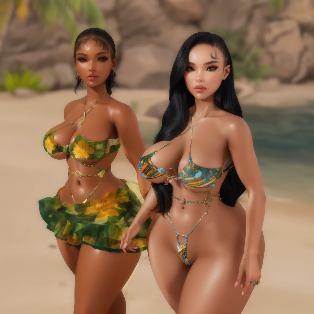 (masterpiece), (best quality), (ultra-detailed), ((masterpiece)) ((best quality)) ((ultra-detailed)) two women in bikinis standing on a beach next to a body of water, epic 3 d oshun, ( ( dark skin ) ), imvu, realistic bikini, tan skin), second life avatar, modeling for dulce and gabanna, latina skin, exotic costumes, tanny skin, ( ( brown skin ) ), ( brown skin ), natural skin tone 4k textures