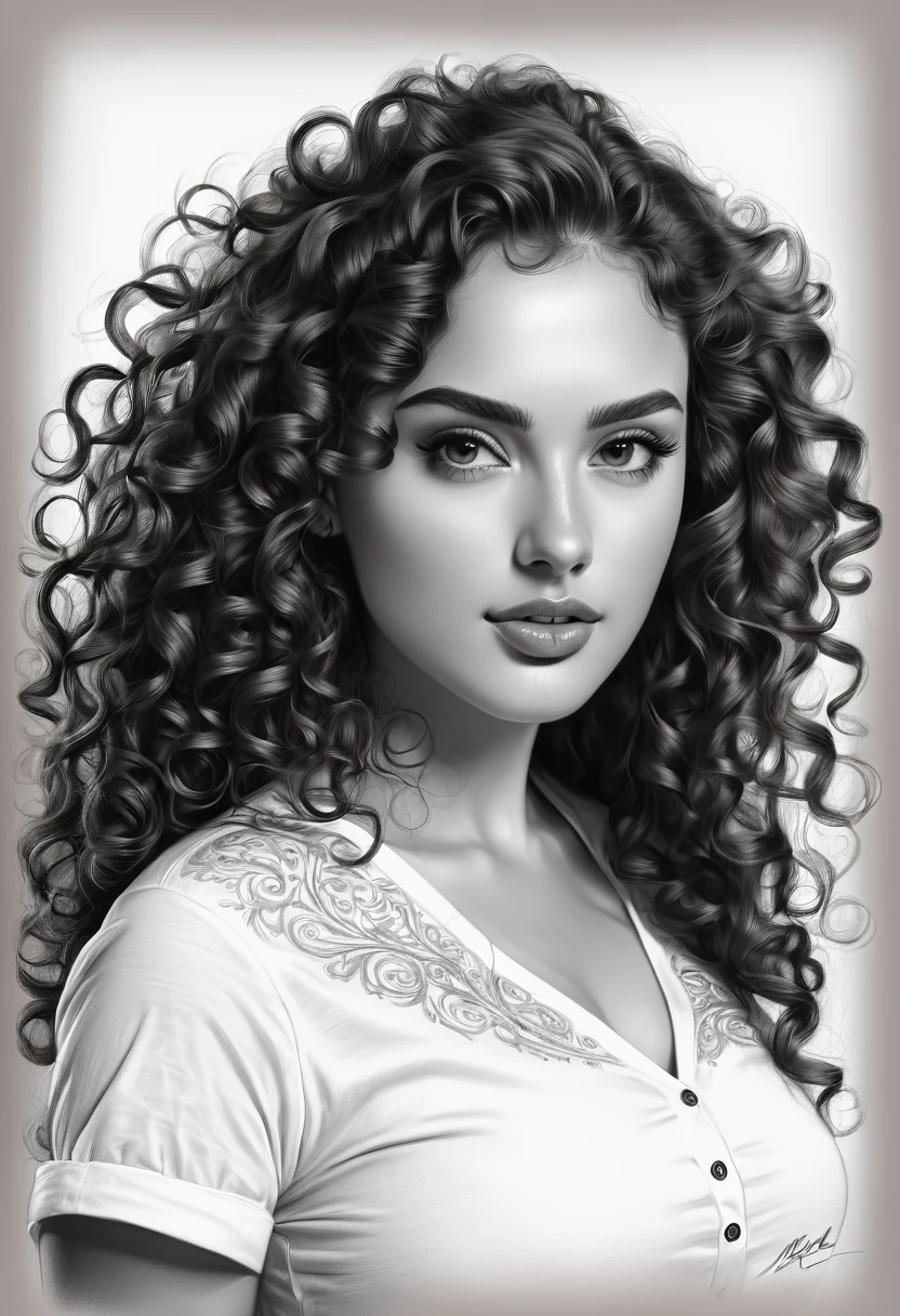 a drawing of a woman with long curly hair and a white shirt, a pencil sketch by Radi Nedelchev, art station, digital art, beautiful gorgeous digital art, gorgeous digital art, great digital art with details, beautiful digital art, high quality sketches, her face framed with curls, beautiful drawing style, beautiful digital artwork, beautiful drawing, beautiful digital illustration