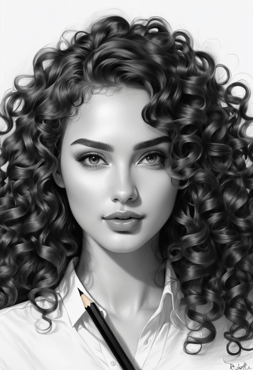 a drawing of a woman with long curly hair and a white shirt, a pencil sketch by Radi Nedelchev, art station, digital art, beautiful gorgeous digital art, gorgeous digital art, great digital art with details, beautiful digital art, high quality sketches, her face framed with curls, beautiful drawing style, beautiful digital artwork, beautiful drawing, beautiful digital illustration