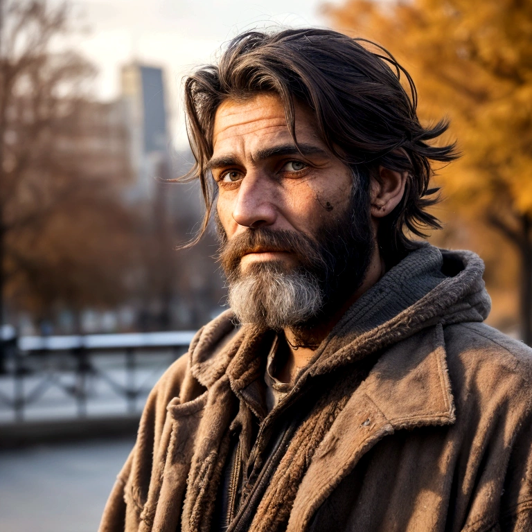 generate a very realistic 8k image of a handsome bearded homeless man at least 27 years old looking straight at the camera in a dirty and torn coat in a beautiful city park
