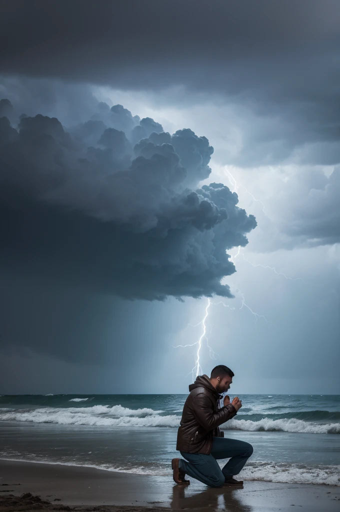 Man on his knees in a storm 