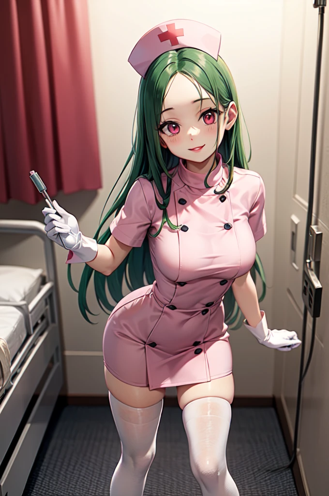 1woman, solo, nurse, white nurse cap, white nurse uniform, ((white legwear, zettai ryouiki)), white gloves, forehead, long hair, green hair, pink eyes, pink lips, smile, standing, ((hospital room)), sharp outline, short sleeves, mature female, 35 years old, best quality, masterpiece