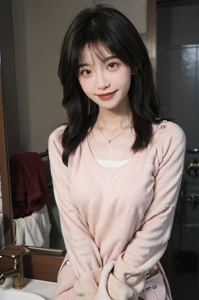 best quality, ultra high resolution, (realistically:1.4),cute hairpin,Baoyu Girl,1 girl,pink long sweater,pink long sweater ,Beautiful woman with slim figure:1.4, abdominal muscles:1.1, (a brown haired one, Medium chest:1.3), pink long sweater, bathroom,Super thin face,exquisite eyes,double eyelids,Smile,necklace