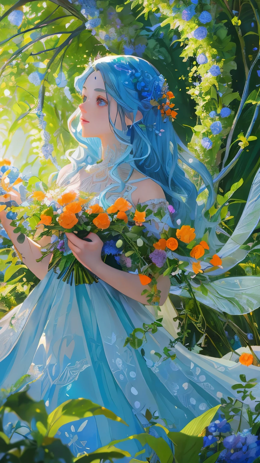 A fantastical fairy in a summer garden, detailed face, beautiful eyes and lips, long eyelashes, flowing hair, ethereal dress, sunlight filtering through trees, glowing colors, lush greenery, vibrant blue and orange flowers, ornate architecture in the background, high quality, ultra-detailed, realistic, masterpiece, concept art