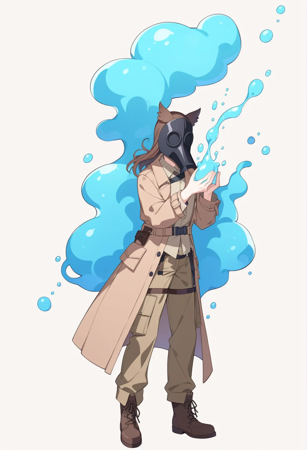 A demihuman with owl ears and a white plague doctor mask, brown hair and slim build, He wears khaki cargo pants and a brown trench coat with brown boots and a viscous substance similar to phosphorus flows from his hands. 