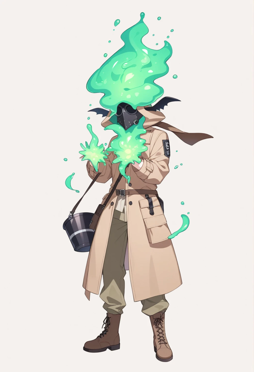 A demihuman with owl ears and a white plague doctor mask, brown hair and slim build, He wears khaki cargo pants and a brown trench coat with brown boots and a viscous substance similar to phosphorus flows from his hands.