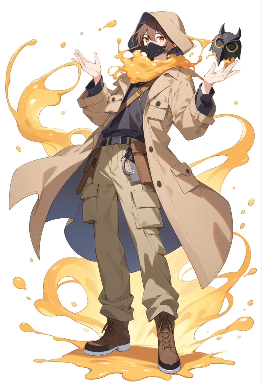 A demihuman with owl ears and a white plague doctor mask, brown hair and slim build, He wears khaki cargo pants and a brown trench coat with brown boots and a viscous substance similar to phosphorus flows from his hands. 