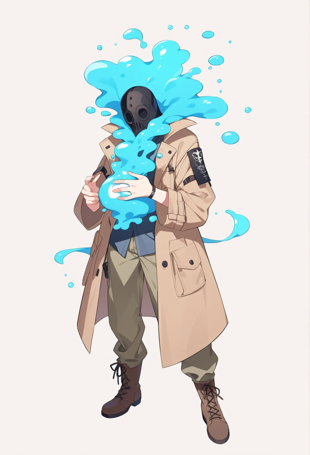 A demihuman with owl ears and a white plague doctor mask, brown hair and slim build, He wears khaki cargo pants and a brown trench coat with brown boots and a viscous substance similar to phosphorus flows from his hands. 