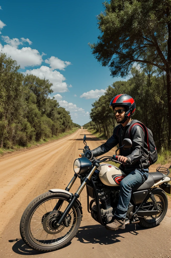 A cartoon of a man with a tie and shoulder bag, traveling by motorcycle, with helmet, dirt road, In Disney 