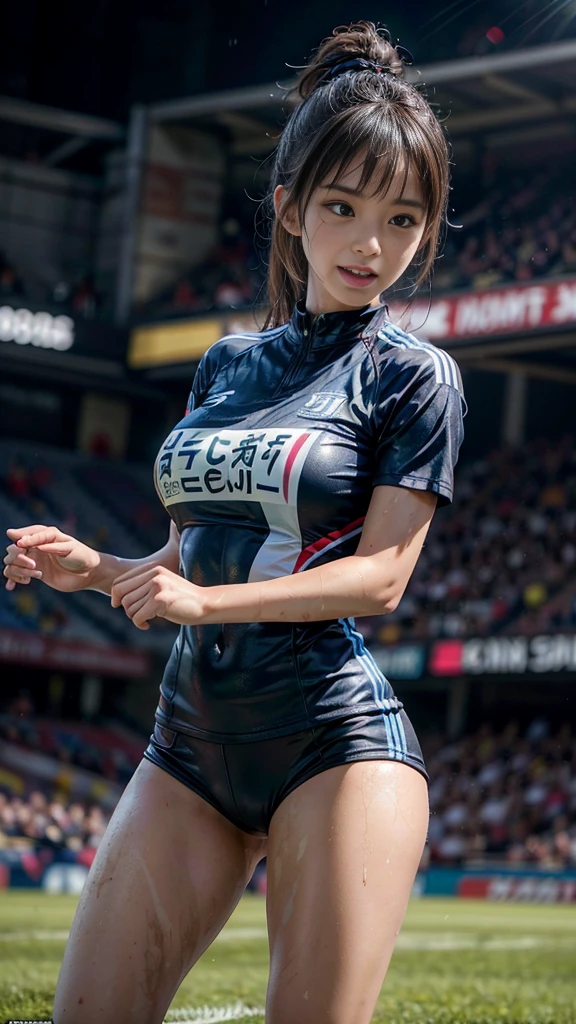 Highest quality, High resolution:1.2, Very detailed, Realistic:1.3, ((Beautiful woman))、((Super tight uniform))、((Super big breasts))、(The abdomen is visible)、Vibrant colors, play soccer,((Blunt bangs))、(((Various Hair Styles)))、Different hair colors、With bangs、Wet Hair, concentrate, splash, Action Shots, Grass blotches, Muddy ground, Wet turf, decide, Fast-paced games, Athletic physique, Shiny soccer ball, Wet Uniform, raindrop, Blurred motion, ボールにconcentrateする, Intense competition, Skillful dribbling, Energetic play, Teamwork, powerful shoots, Wet pitch, Passionate sports, Fierce decide, Humid atmosphere, Fluid movement, emotional expression、Dramatic lighting, Women's Sports, Avid athletes, Exciting Games, Endure, Excited state, Speed and agility, Energetic play, 濡れたsplash、smile、Red Uniform