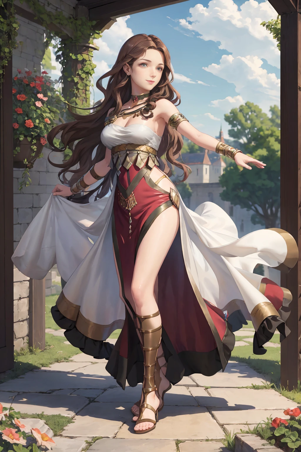 ((Full body photo, standing, feet on the floor)) masterpiece, best quality, Dorothea Arnault, dorothea (timeskip), brown hair, large breasts, red danceroutfit, looking at viewer, smile, sky, clouds, garden, cowboy shot, long hair,