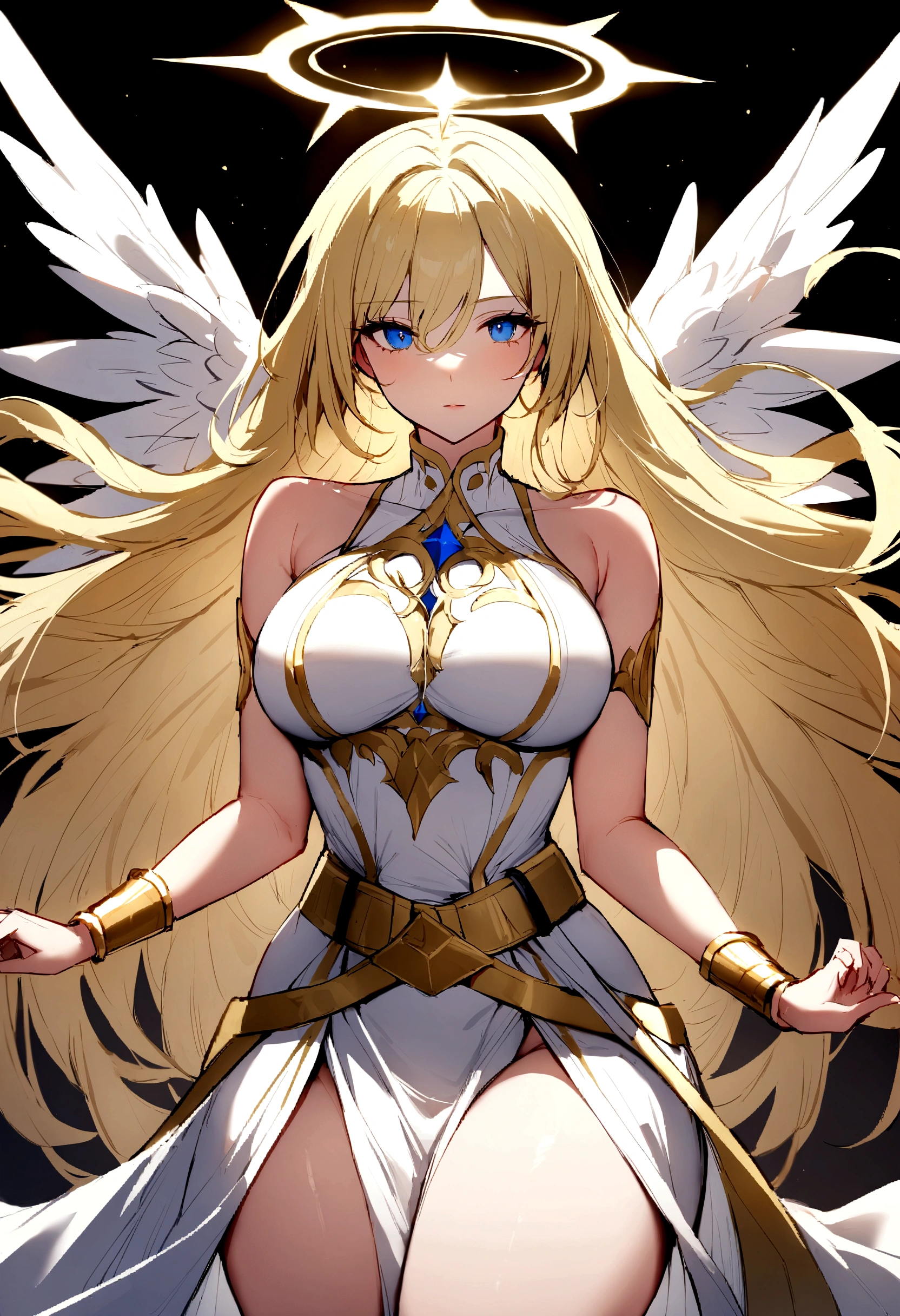 There is a pair of white wings behind,Angel,Feather wings,Create a beautiful woman with blue eyes and blonde hair, Her white tunic, Gold bracelet, There is a golden energy halo above the head, Her body is beautiful,The chest and thighs are also medium, A golden belt around the waist