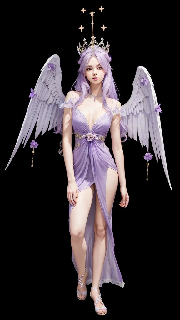A beautiful girl in full body, With lilac dress, with lilac angel wings, with straight lilac hair and a crown on her head.