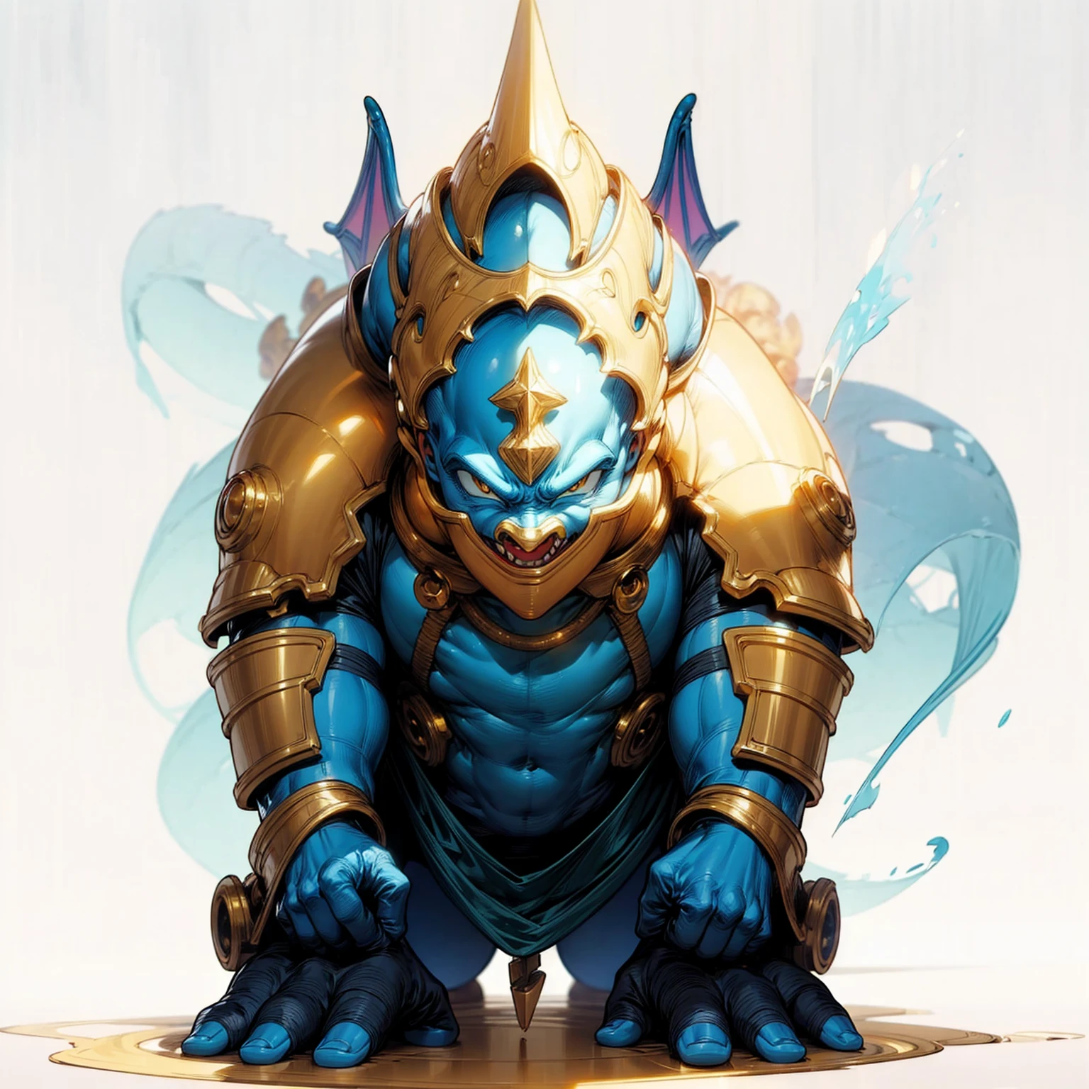 Ultra detailed, full background, Full body version, motion blur, plasma, lens blur, overlay color, overlay blending, lighten blending, chromatic aberration, hd, ultra hd, gold, blue skin, gold eyes, (dragon ball style)