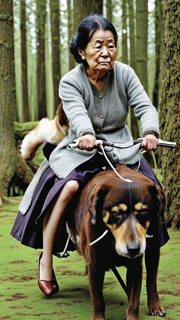 Old woman riding a dog, Japanese woman, 60 years old, moss growing on her skin, disgusting, dirty
