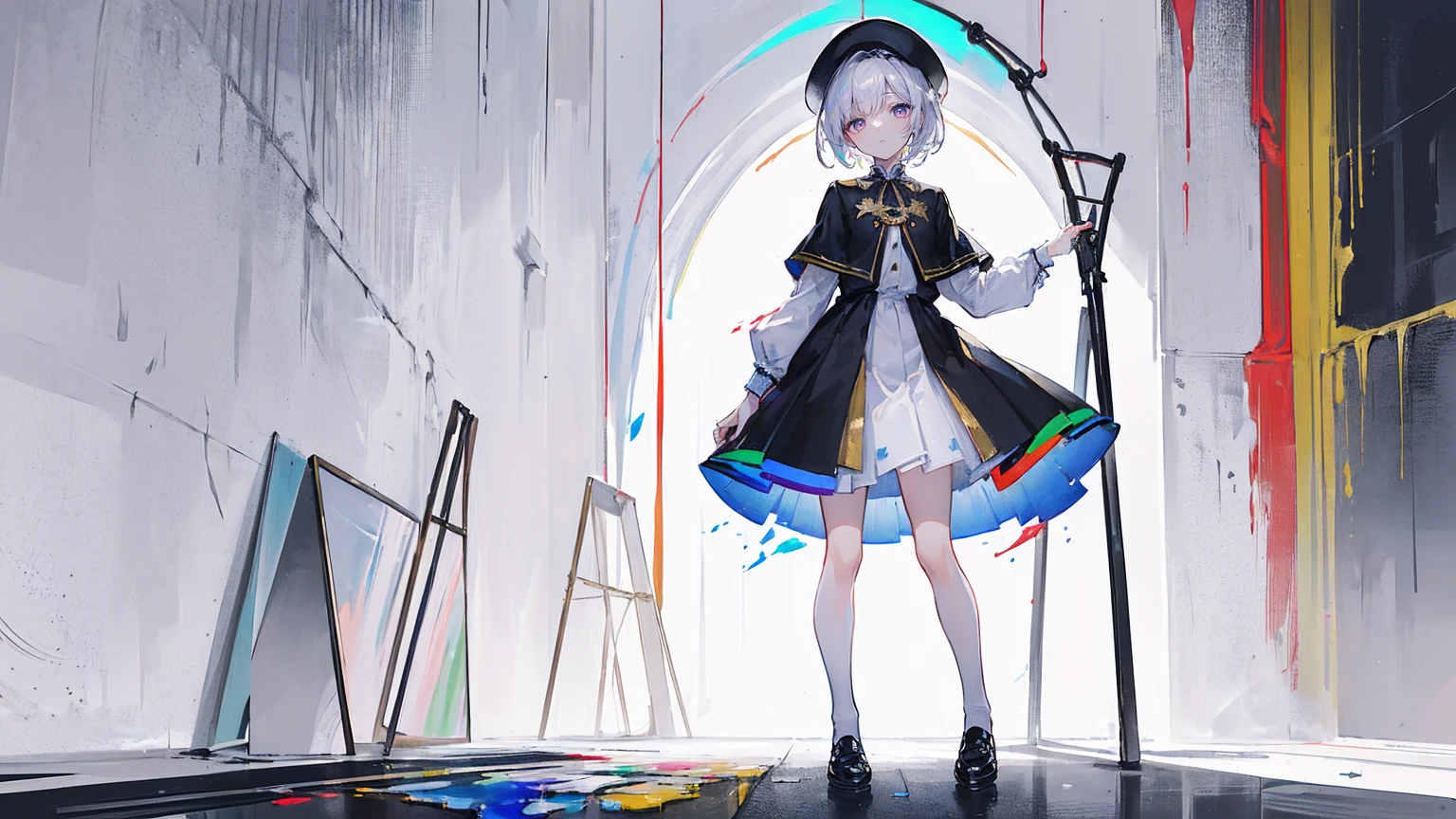 (Super detailed)),((illustration))，((masterpiece)),(((need))),((fine、Highest quality CG Unity 8K wallpapers，masterpiece），（（4K，masterpiece，best quality）），rainbow发的大概16岁的少女，flat chest，short hair，Gold and silver eyes，Golden Apprentice Uniform，Black short cape，Berets，Black shoes，Paint flowing under your feet，White Silk，Take the color palette，White short skirt covered with paint，Monocle，The walls are covered with portraits，身边有rainbow，phantom，Exhaustion，Overworked，Look in the mirror，The mirror reflects me in different clothes，Standing in a white room，Paint condensed in the air，rainbow，individual，Full body picture