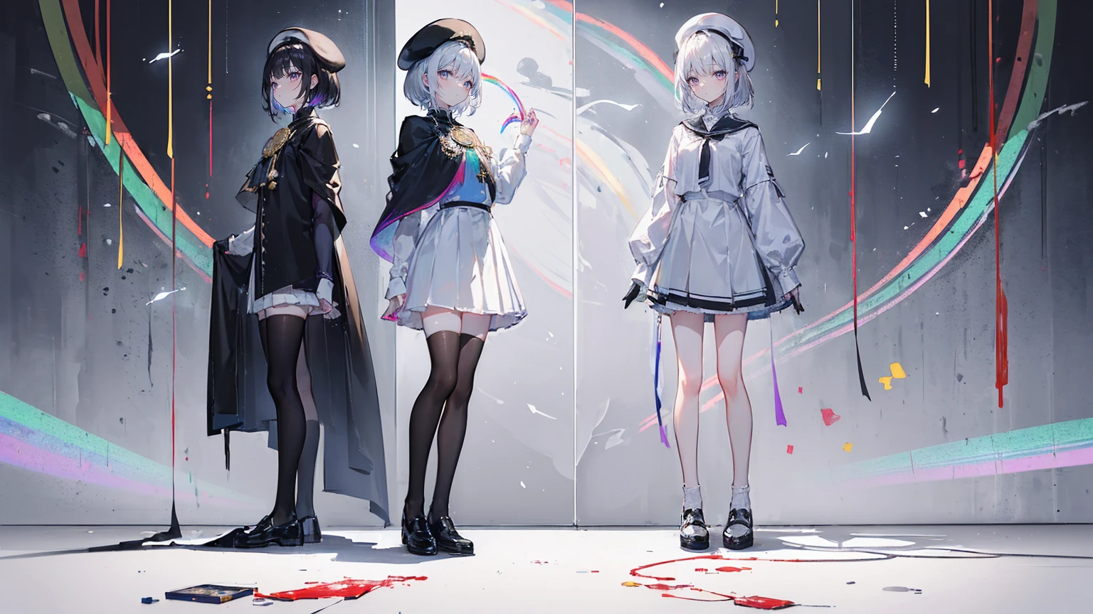 (Super detailed)),((illustration)),((masterpiece)),(((need))),((fine、Highest quality CG Unity 8K wallpapers,masterpiece),((4K,masterpiece,best quality)),rainbow发的大概16岁的少女,flat chest,short hair,Gold and silver eyes,Golden Apprentice Uniform,Black short cape,Berets,Black shoes,Paint flowing under your feet,White Silk,Take the color palette,White short skirt covered with paint,Monocle,The walls are covered with portraits,身边有rainbow,phantom,Exhaustion,Overworked,Look in the mirror,The mirror reflects me in different clothes,Standing in a white room,Paint condensed in the air,rainbow,individual,Full body picture