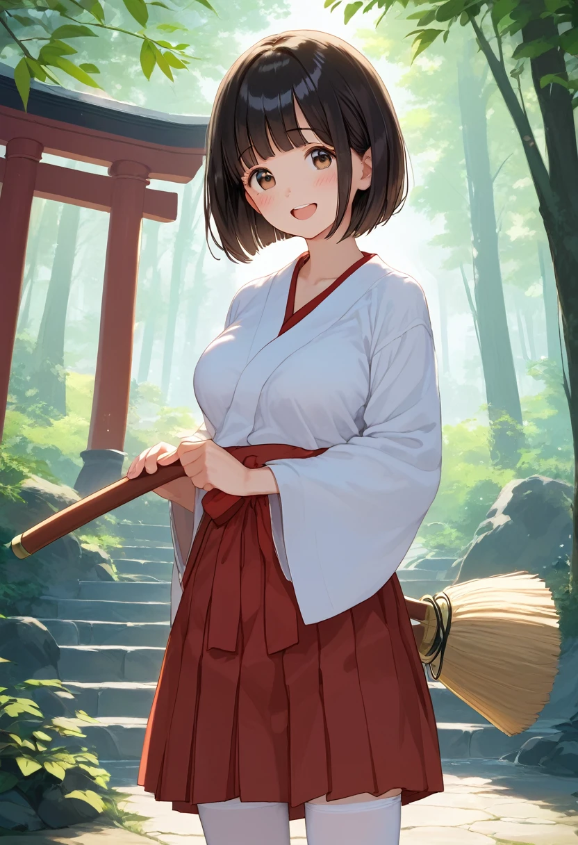 score_9,score_8_up,score_7_up,masterpiece,best quality, source anime, realistic, super detailed, extreme detailed, rating_safe,
1girl, standing, holding bamboo broom,
BREAK girl, 22yo, short hair, bob cut, (blunt bangs), black hair, (tareme, detailed cute brown eyes), curled eyelashes, (large breasts:0.9),
shiny hair, beautiful detailed eyes, beautiful face,
BREAK white shrine maiden clothes, red hakama, white legwear,
embarrassed, blush, smile, open mouth,
outdoors, shrine, morning, torii, stone stairs, large trees,
sunlight filtering through trees